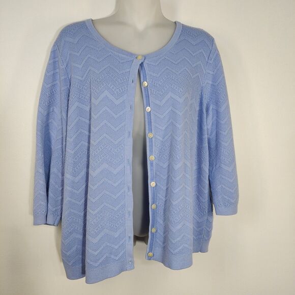 Talbots Petites Womens Cardigan 2XP Blue Button Elbow Sleeve Chevron Knit Modern - Picture 2 of 9